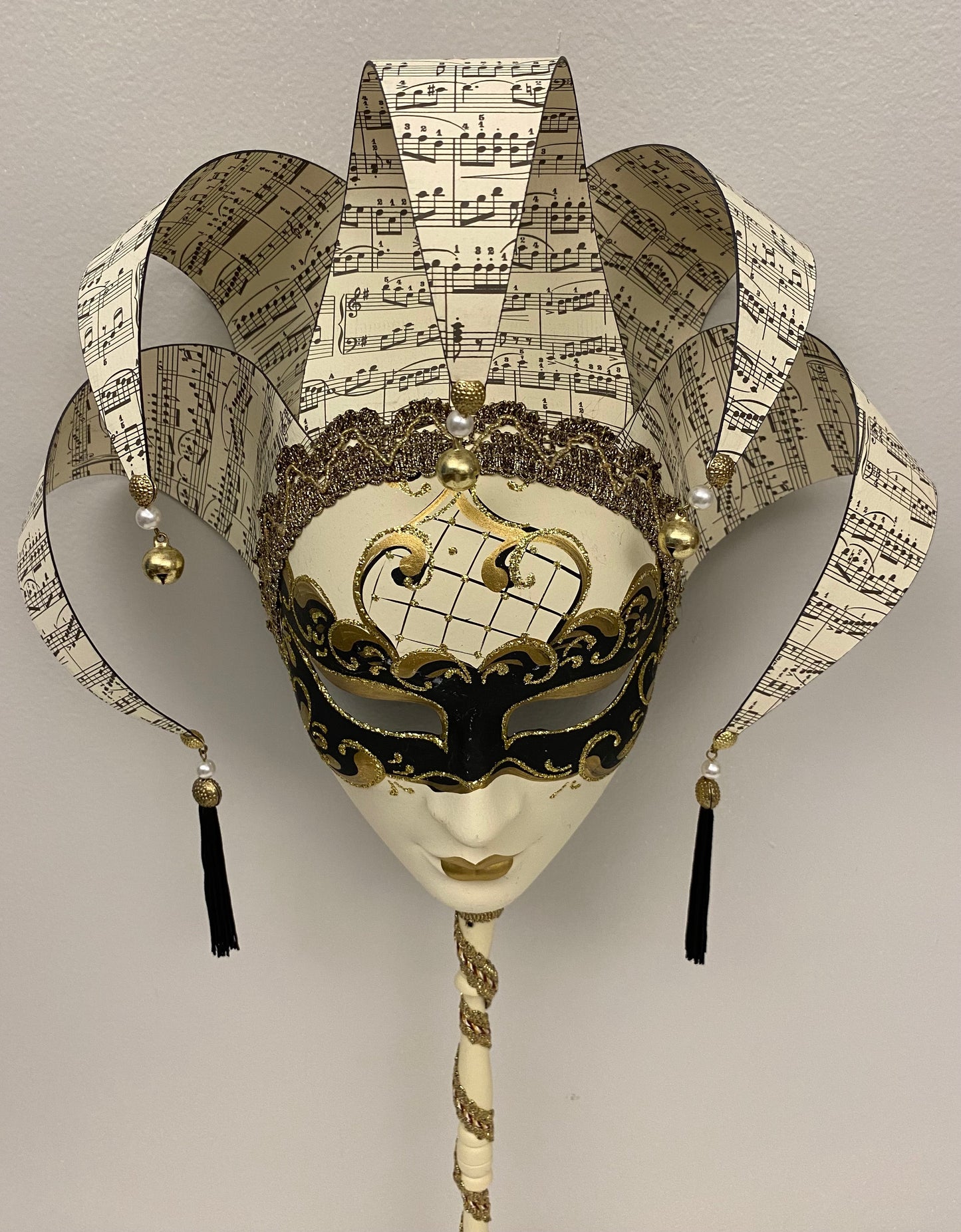 Pair of Handcrafted Venetian Jester Masks with Opera Sticks, Commedia dell’Arte Style — detail 6