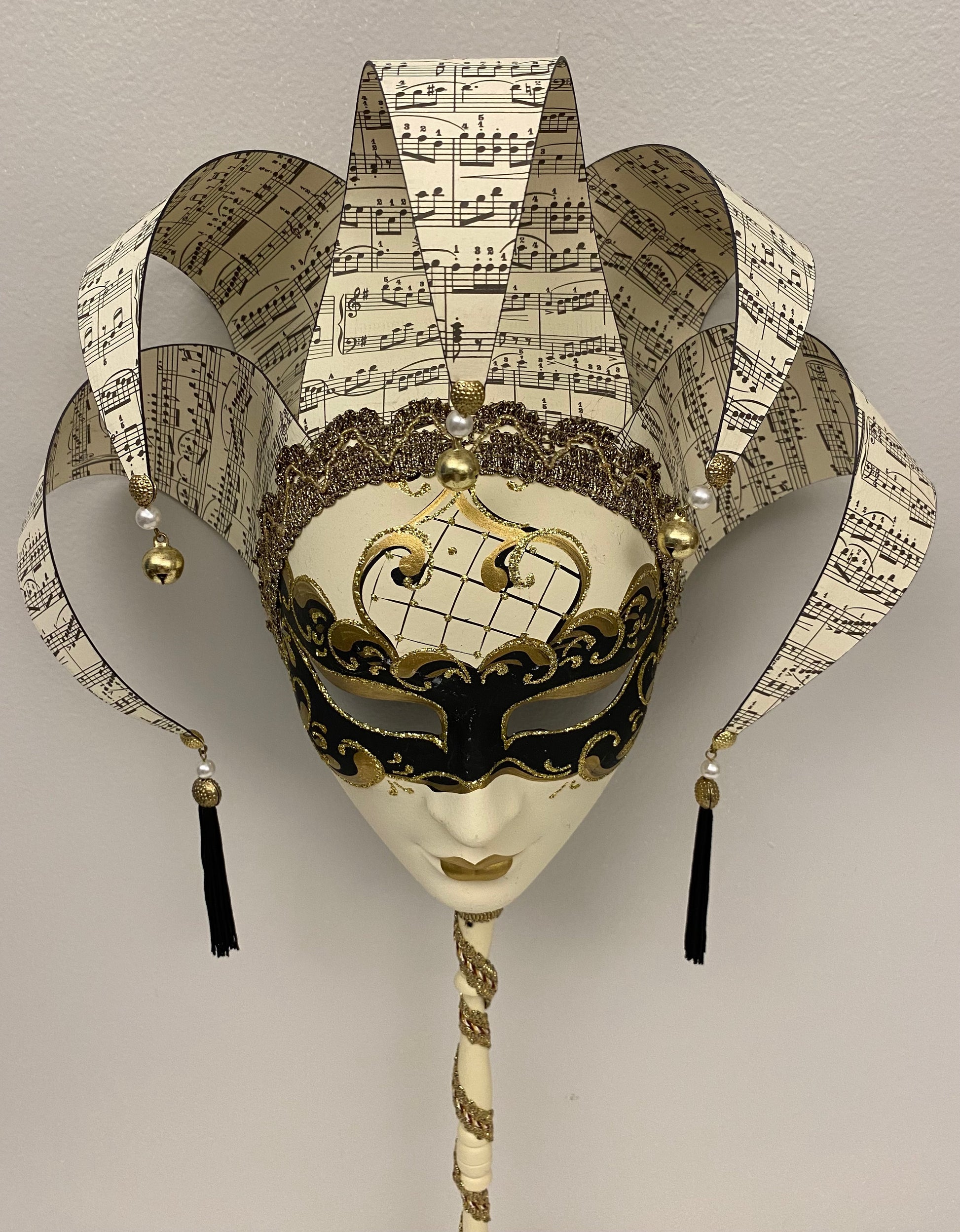 Pair of Handcrafted Venetian Jester Masks with Opera Sticks, Commedia dell’Arte Style — detail 6