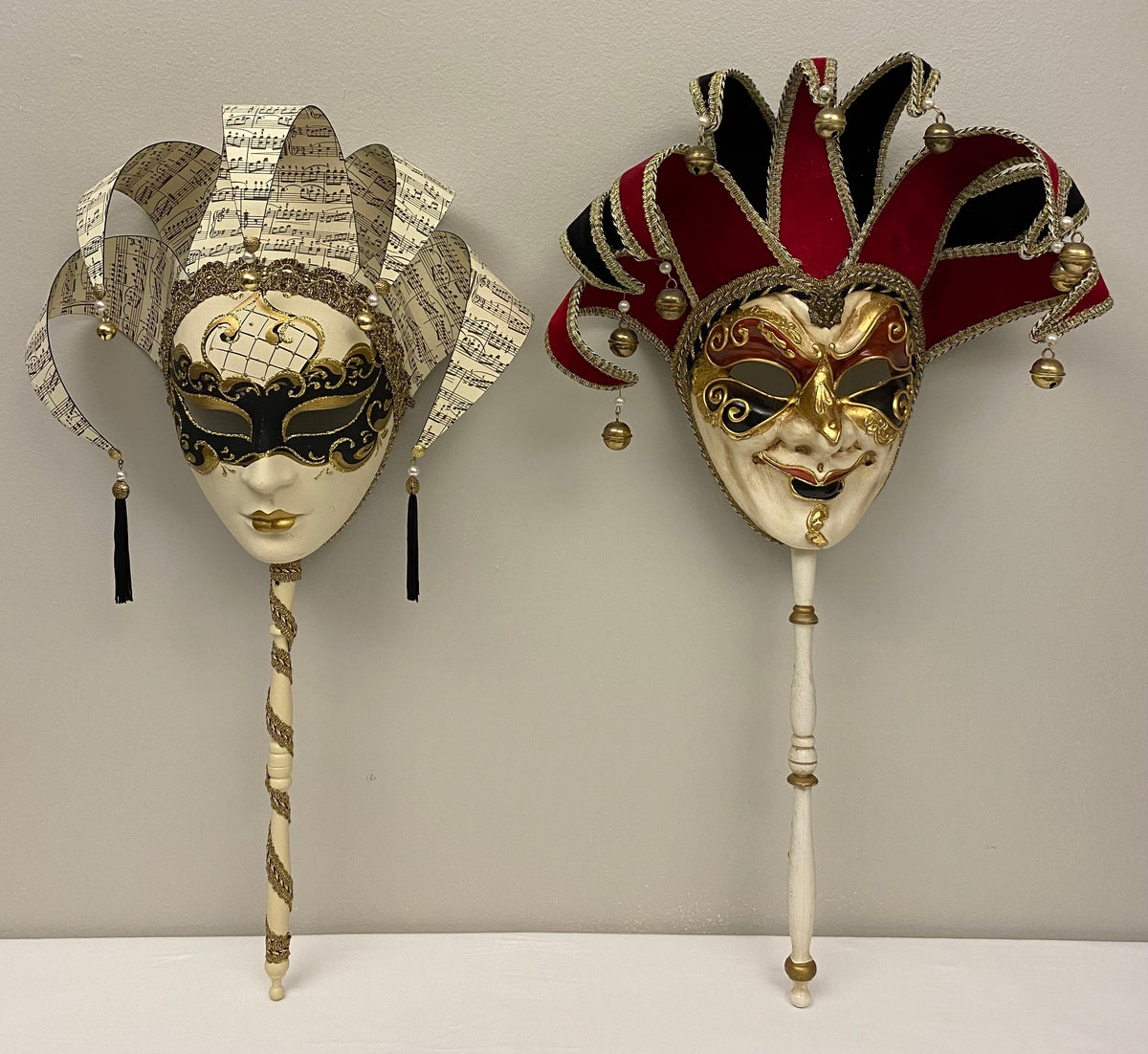 Pair of Handcrafted Venetian Jester Masks with Opera Sticks, Commedia dell’Arte Style