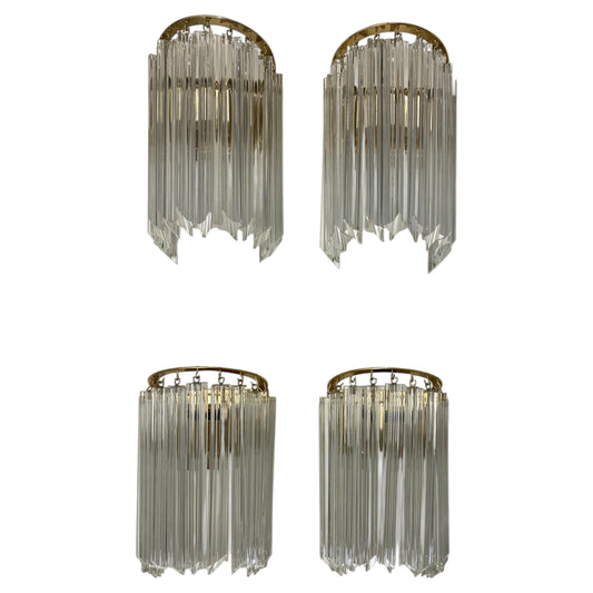 Set of Four Venini Murano Glass and Brass Wall Sconces, Mid-Century Modern