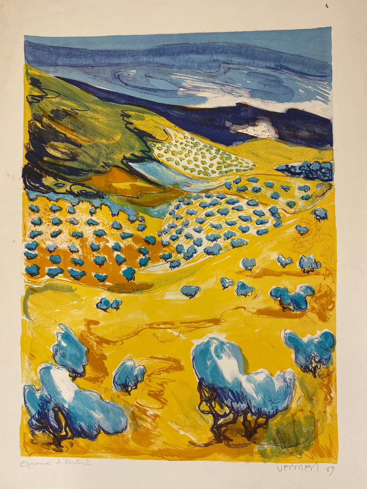 French School Watercolor Landscape Painting signed Vermen, 1969 — detail 4