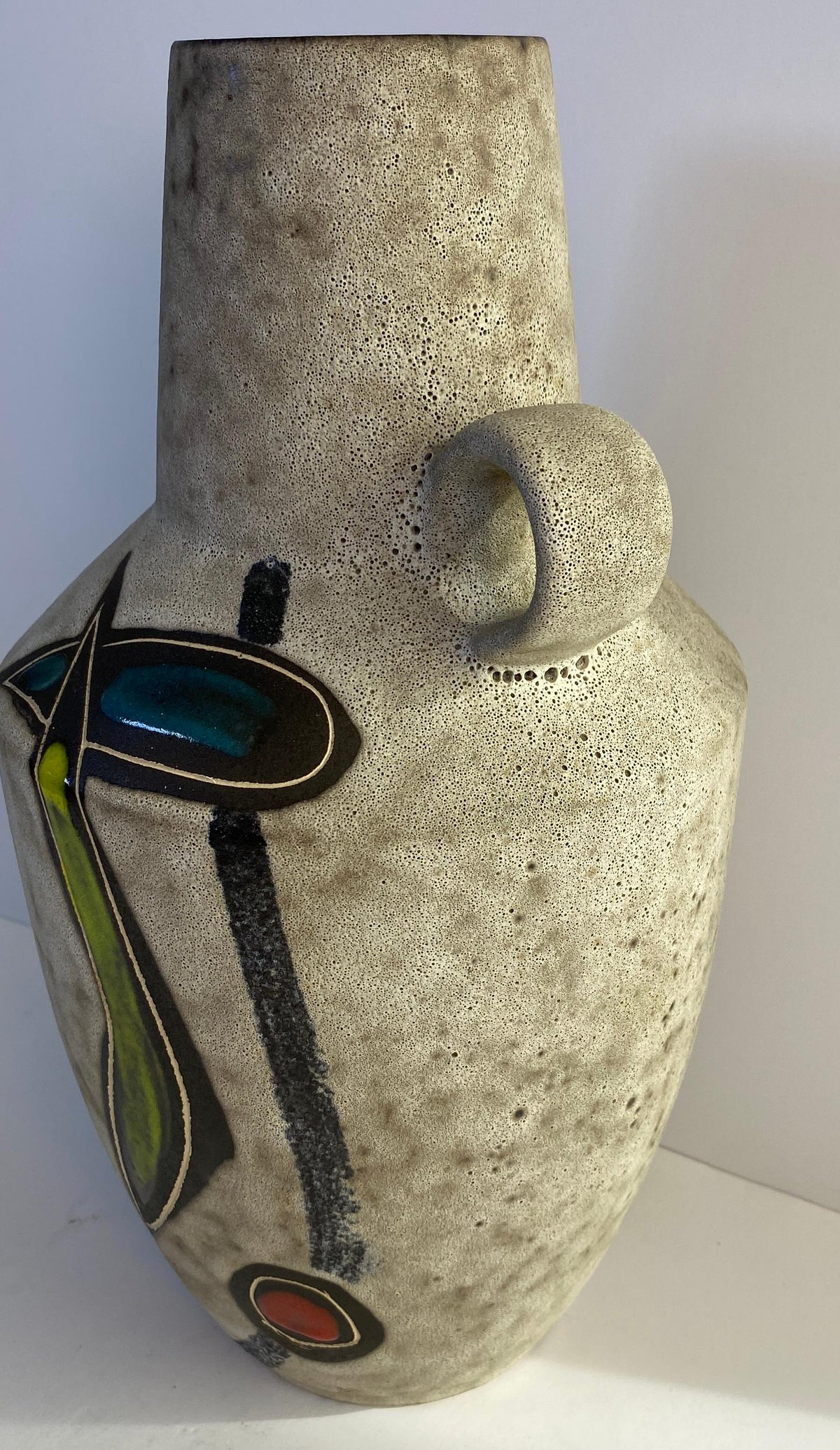 Large Mid-Century Modern West German Ceramic Vase, Abstract with Handle — detail 4