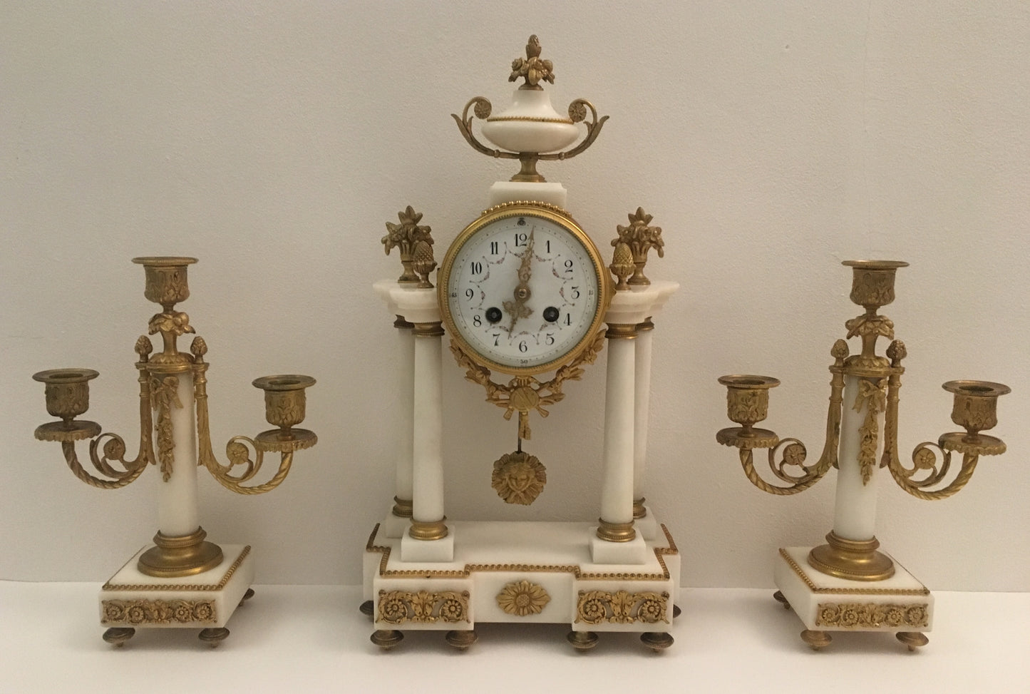 19th Century French Louis XVI Style Ormolu and White Marble Boudoir Clock Set — detail 5
