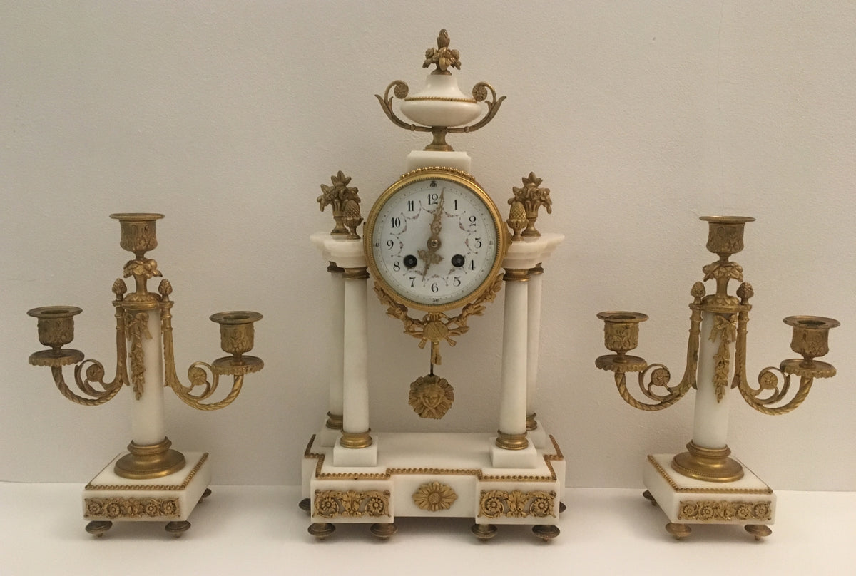 19th Century French Louis XVI Style Ormolu and White Marble Boudoir Clock Set — detail 5