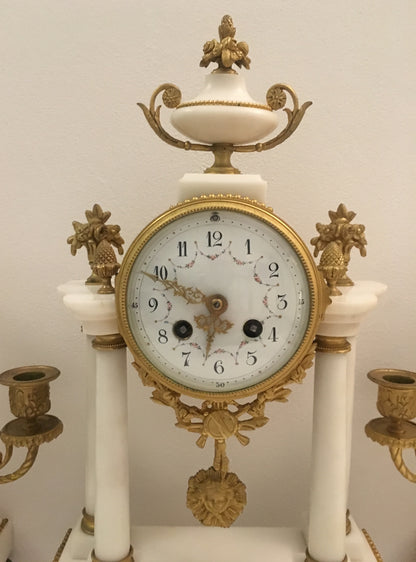 19th Century French Louis XVI Style Ormolu and White Marble Boudoir Clock Set — detail 4