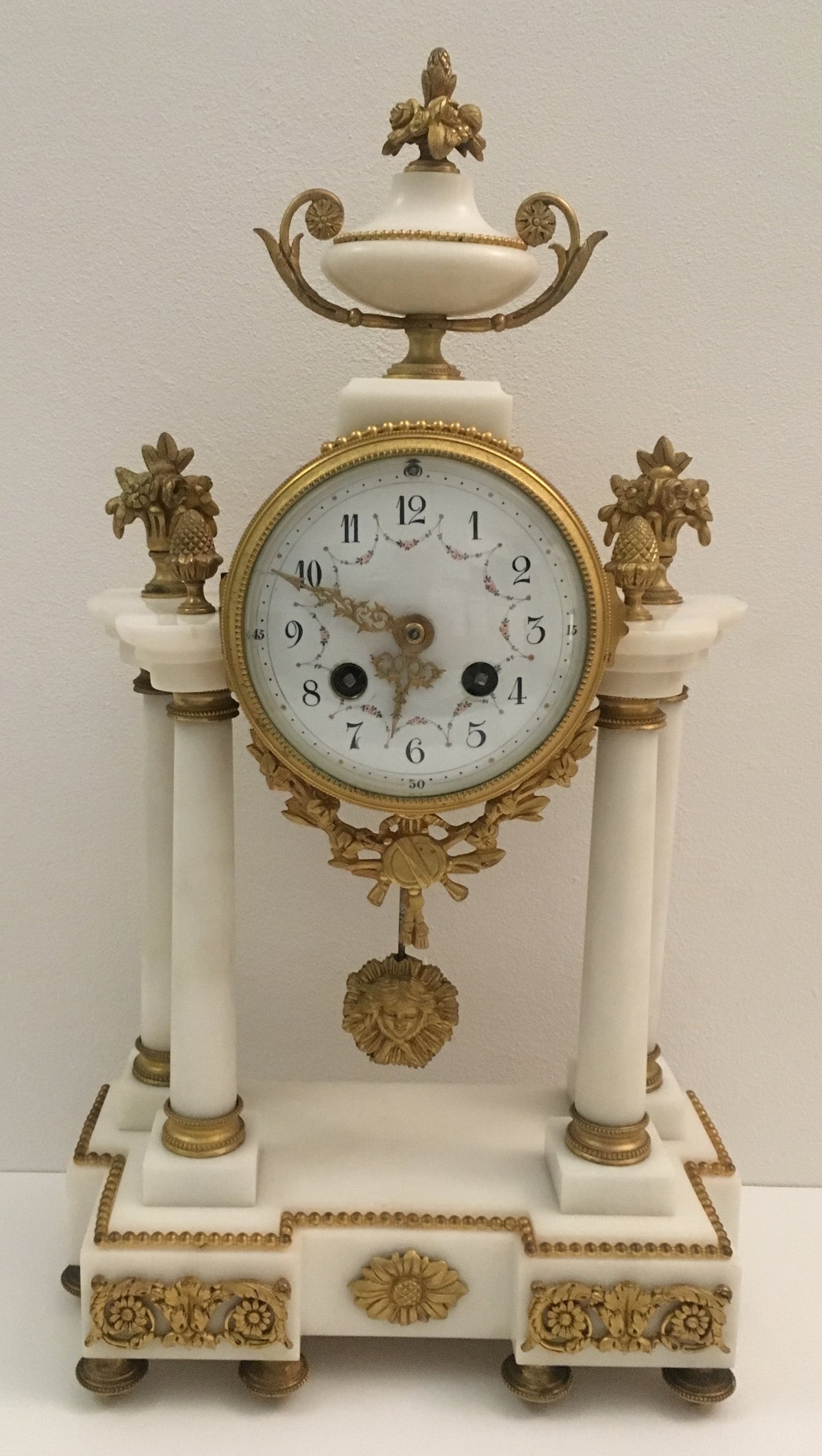 19th Century French Louis XVI Style Ormolu and White Marble Boudoir Clock Set — detail 3