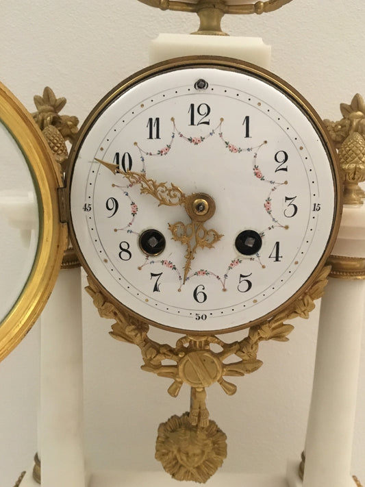 19th Century French Louis XVI Style Ormolu and White Marble Boudoir Clock Set — detail 2