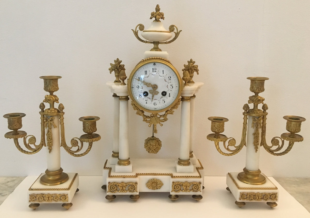 19th Century French Louis XVI Style Ormolu and White Marble Boudoir Clock Set