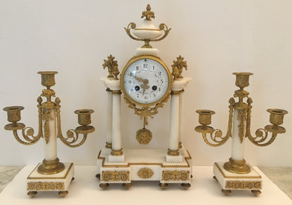 19th Century French Louis XVI Style Ormolu and White Marble Boudoir Clock Set