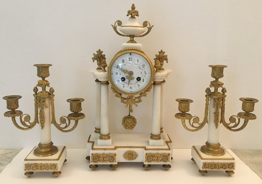 19th Century French Louis XVI Style Ormolu and White Marble Boudoir Clock Set