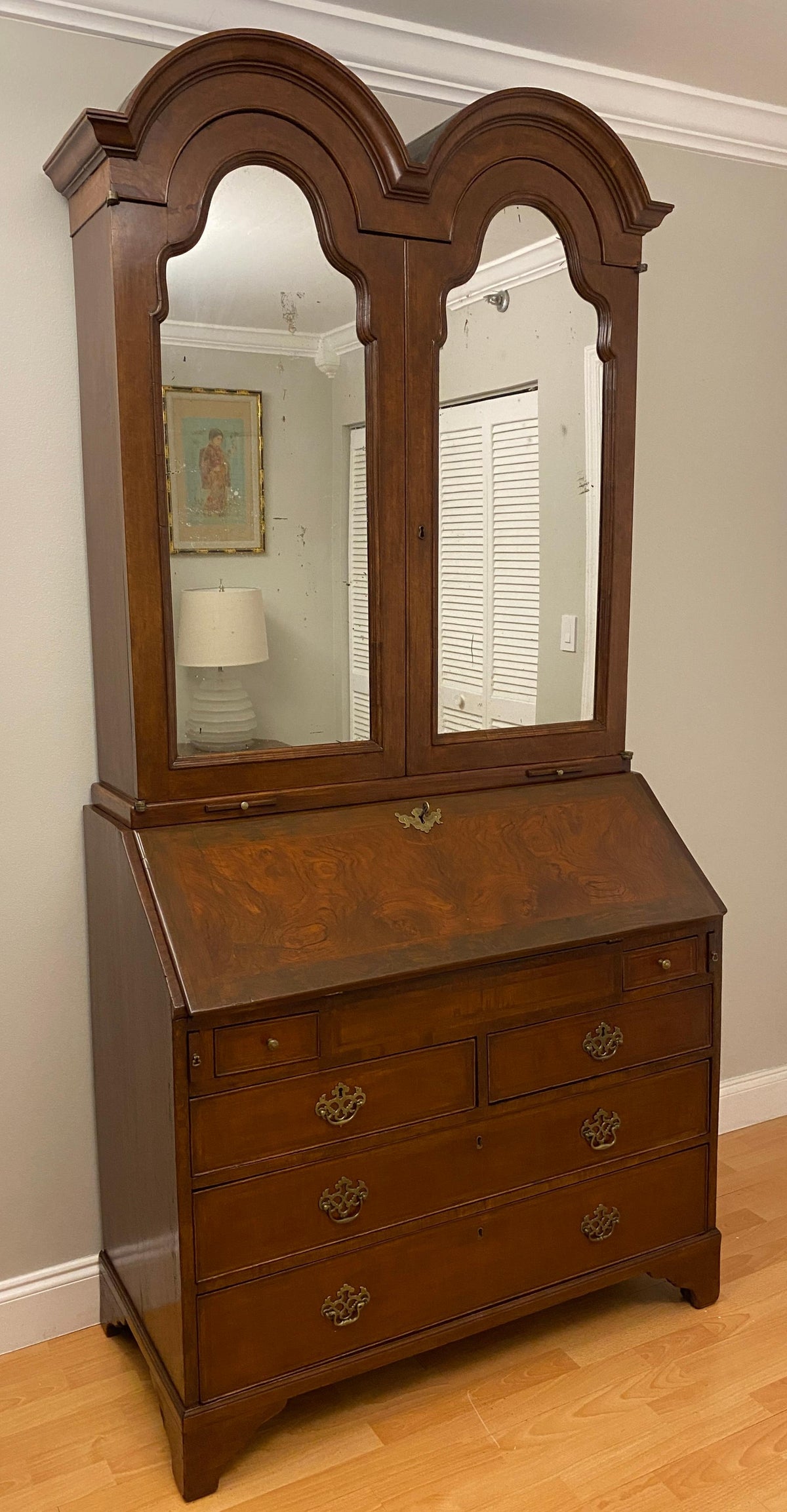 18th Century William and Mary Walnut Double Dome Bureau Bookcase or Cabinet — detail 4