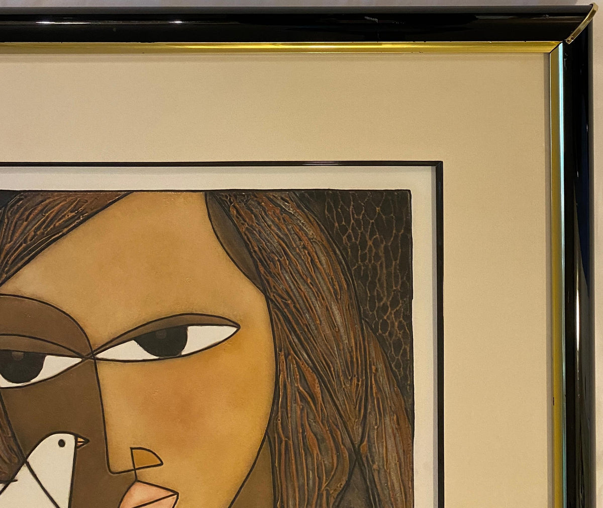 Framed Original Print Woman holding a Dove, Pencil Signed by the Artist Houng — detail 9