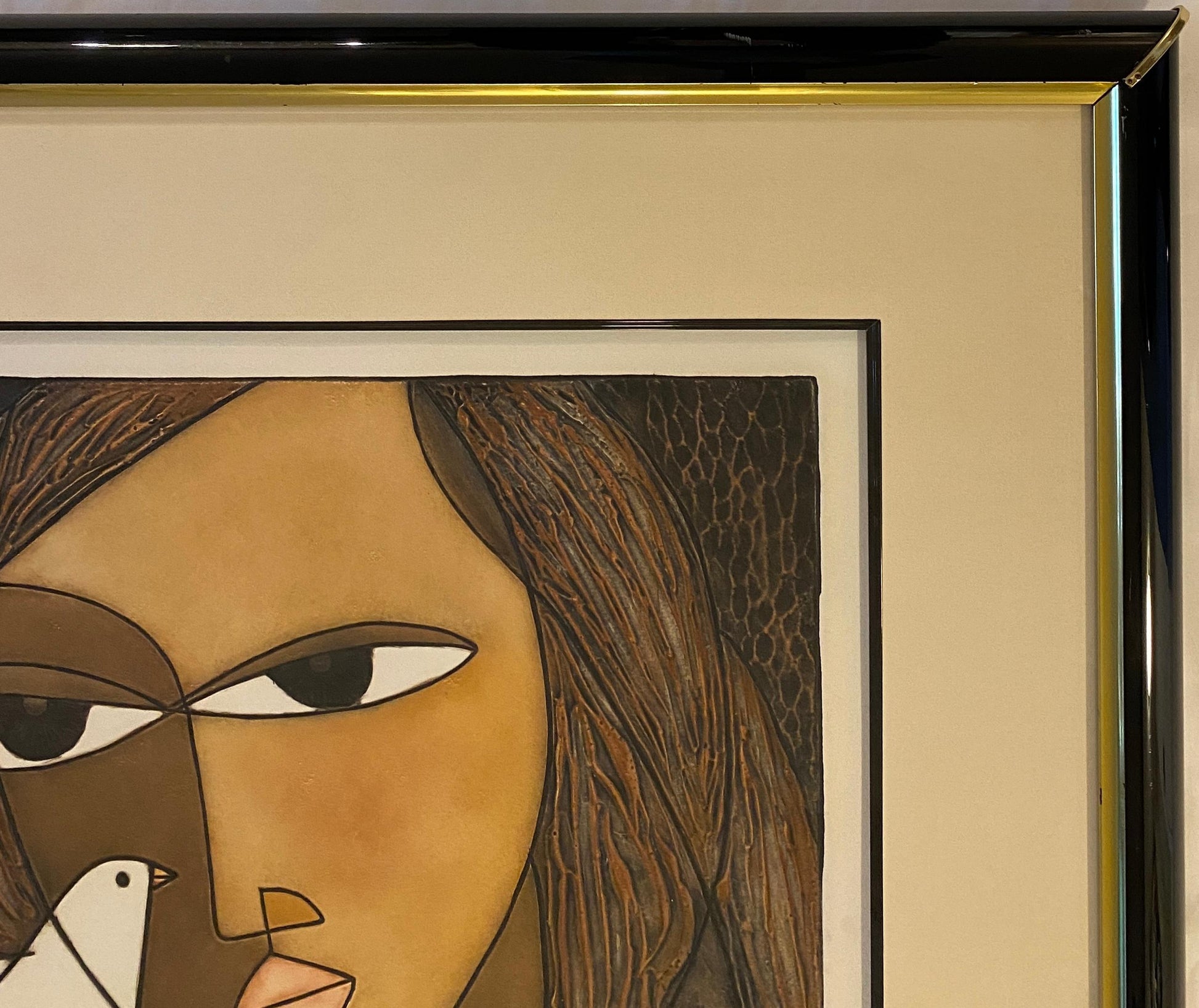 Framed Original Print Woman holding a Dove, Pencil Signed by the Artist Houng — detail 9