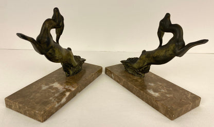 Pair of French Art Deco Bookends on Marble Bases, Leaping Antelopes — detail 3