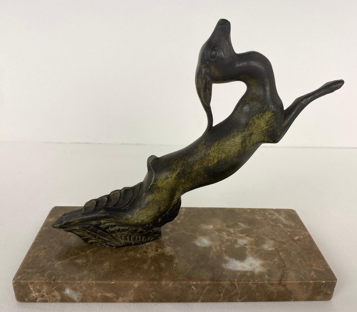 Pair of French Art Deco Bookends on Marble Bases, Leaping Antelopes — detail 4