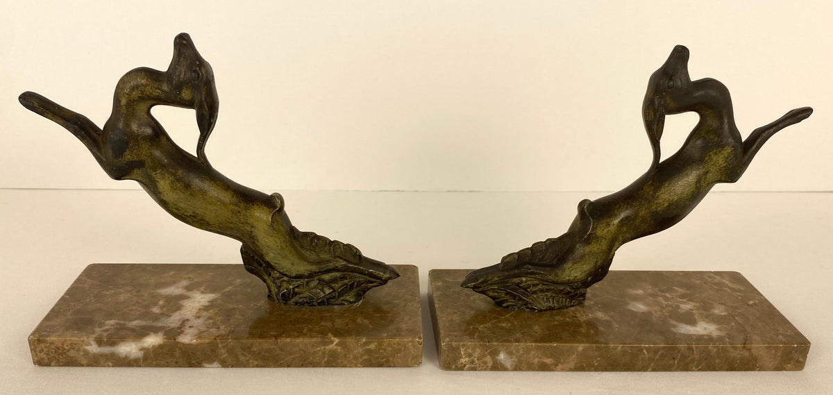 Pair of French Art Deco Bookends on Marble Bases, Leaping Antelopes — detail 6