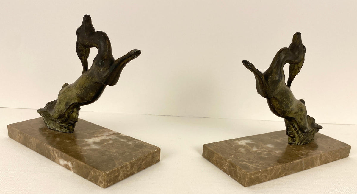 Pair of French Art Deco Bookends on Marble Bases, Leaping Antelopes — detail 7