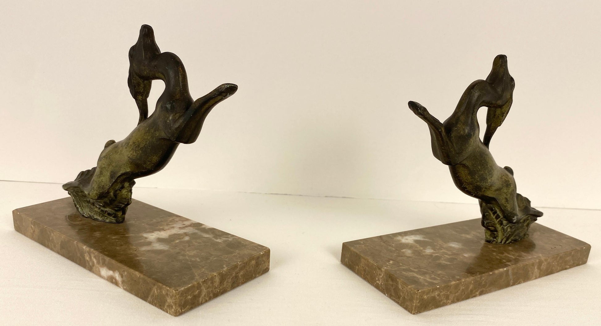 Pair of French Art Deco Bookends on Marble Bases, Leaping Antelopes — detail 7
