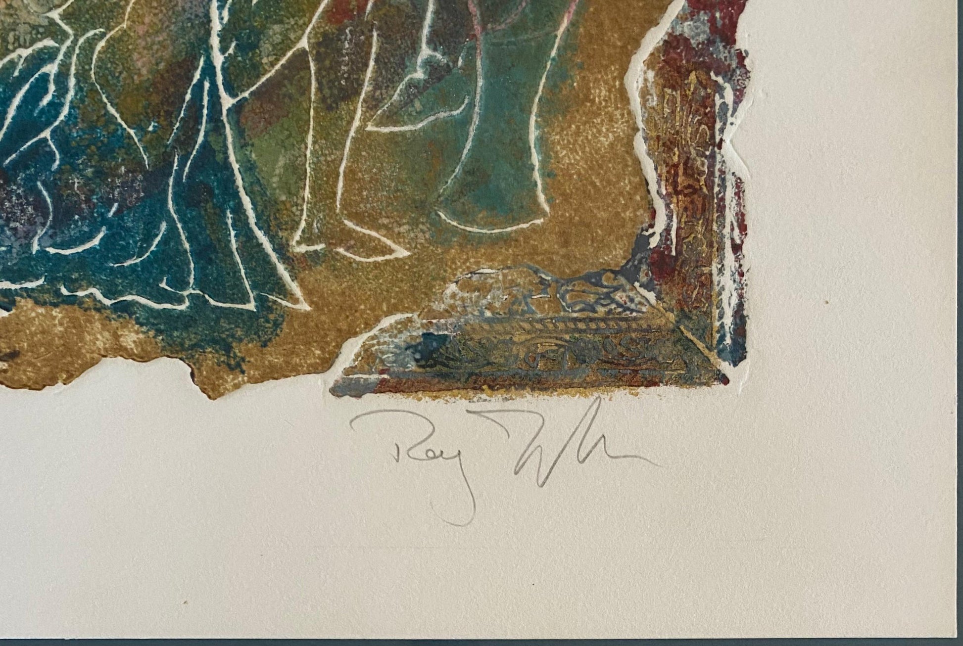 Large Framed Color Lithograph Women Horse Riders and Dancers Signed — detail 3