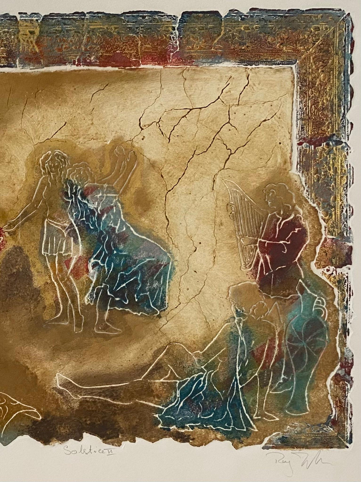 Large Framed Color Lithograph Women Horse Riders and Dancers Signed — detail 5
