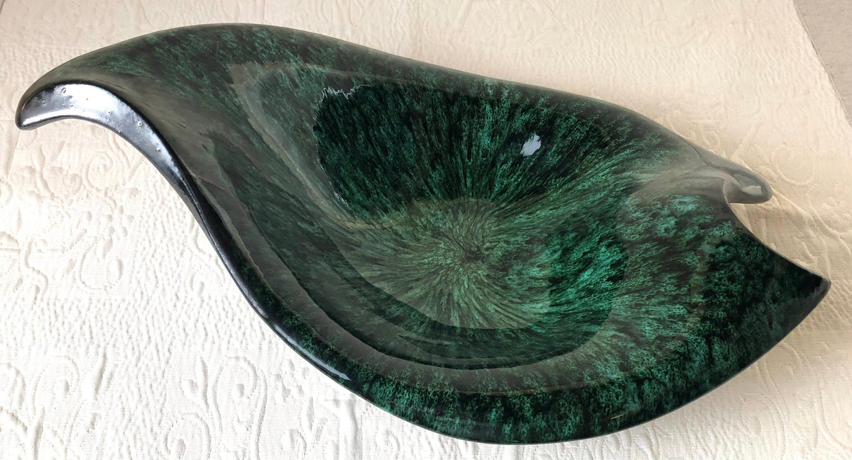 Large French Midcentury Black Matte and Glazed Green Ceramic Bowl Signed — detail 2