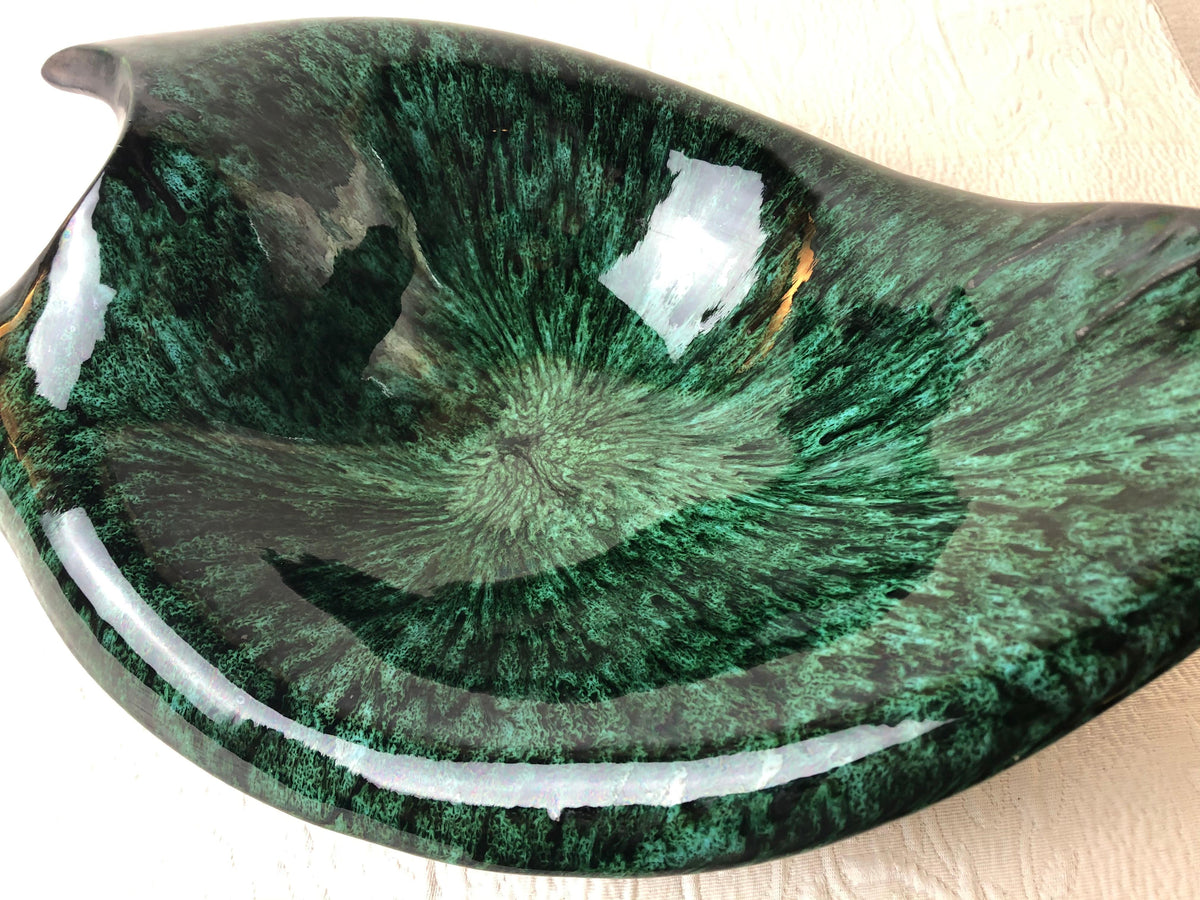 Large French Midcentury Black Matte and Glazed Green Ceramic Bowl Signed — detail 3