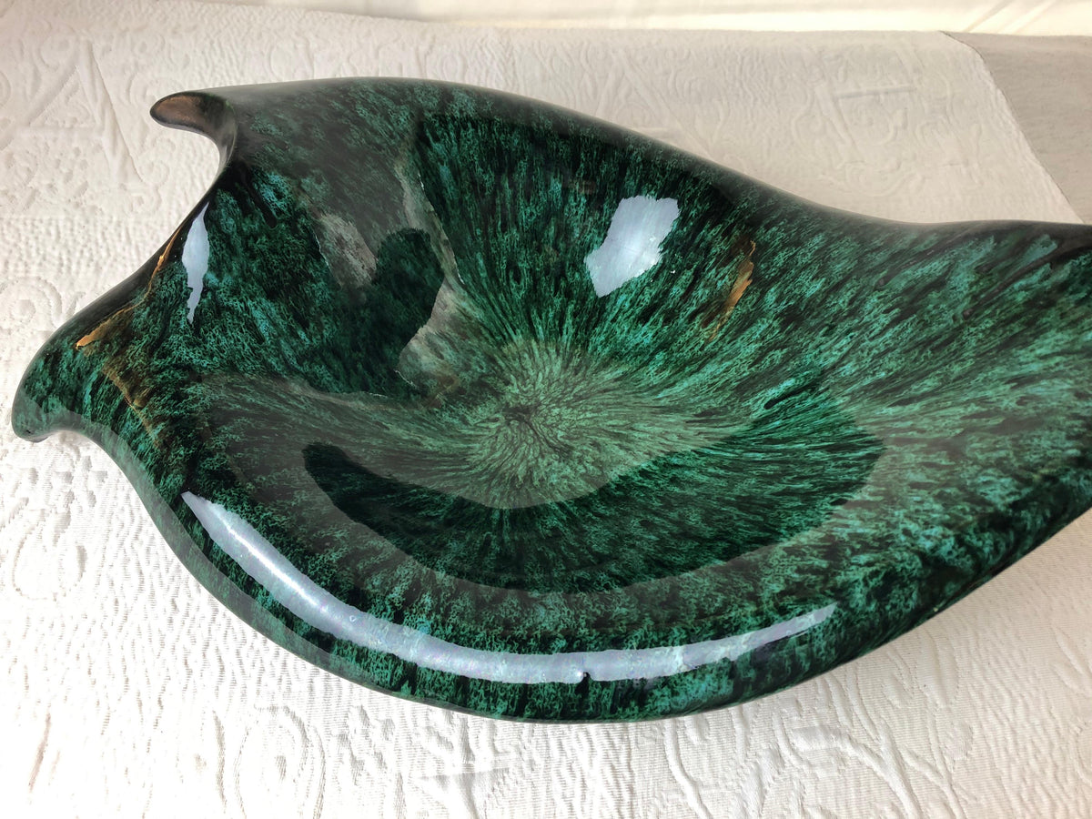 Large French Midcentury Black Matte and Glazed Green Ceramic Bowl Signed — detail 4