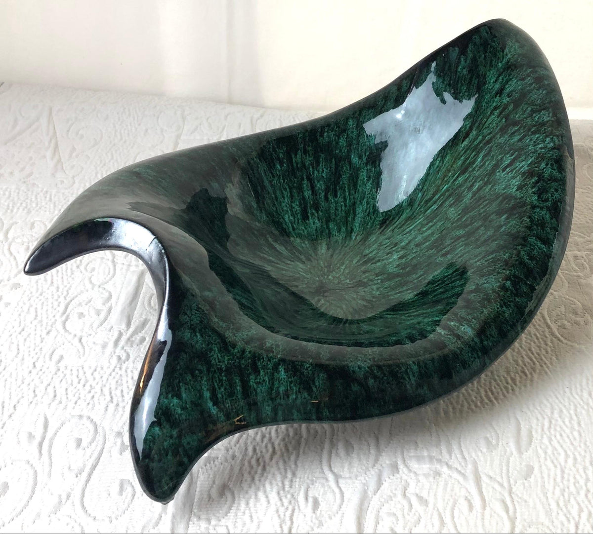 Large French Midcentury Black Matte and Glazed Green Ceramic Bowl Signed — detail 5