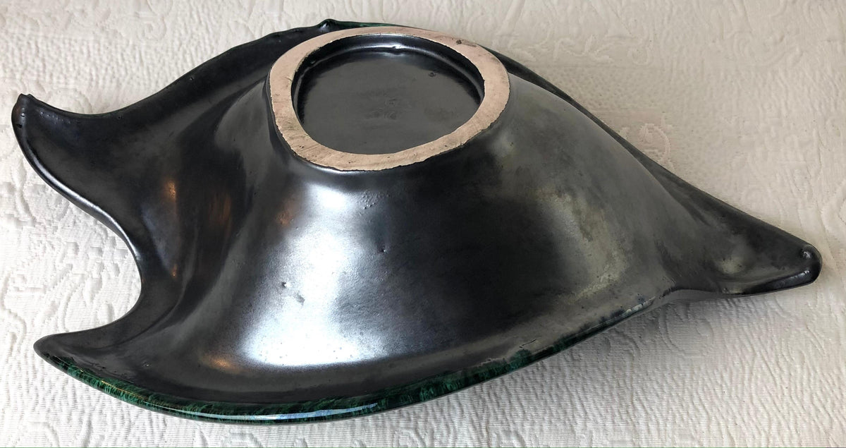 Large French Midcentury Black Matte and Glazed Green Ceramic Bowl Signed — detail 6