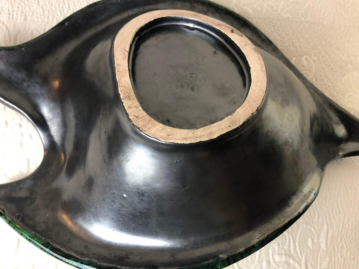 Large French Midcentury Black Matte and Glazed Green Ceramic Bowl Signed — detail 7