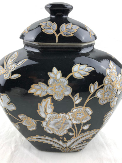 French Black and Antique White Majolica Lidded Jar with Molded Floral Decor — detail 2