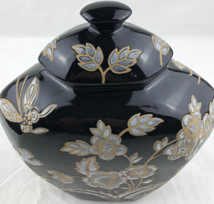 French Black and Antique White Majolica Lidded Jar with Molded Floral Decor — detail 6