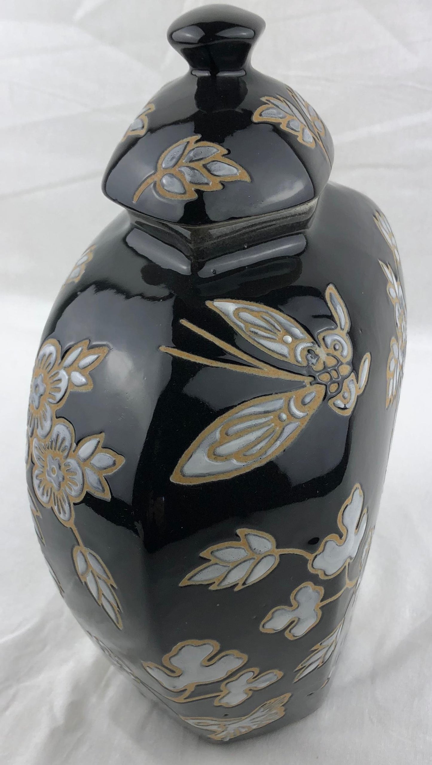 French Black and Antique White Majolica Lidded Jar with Molded Floral Decor — detail 7