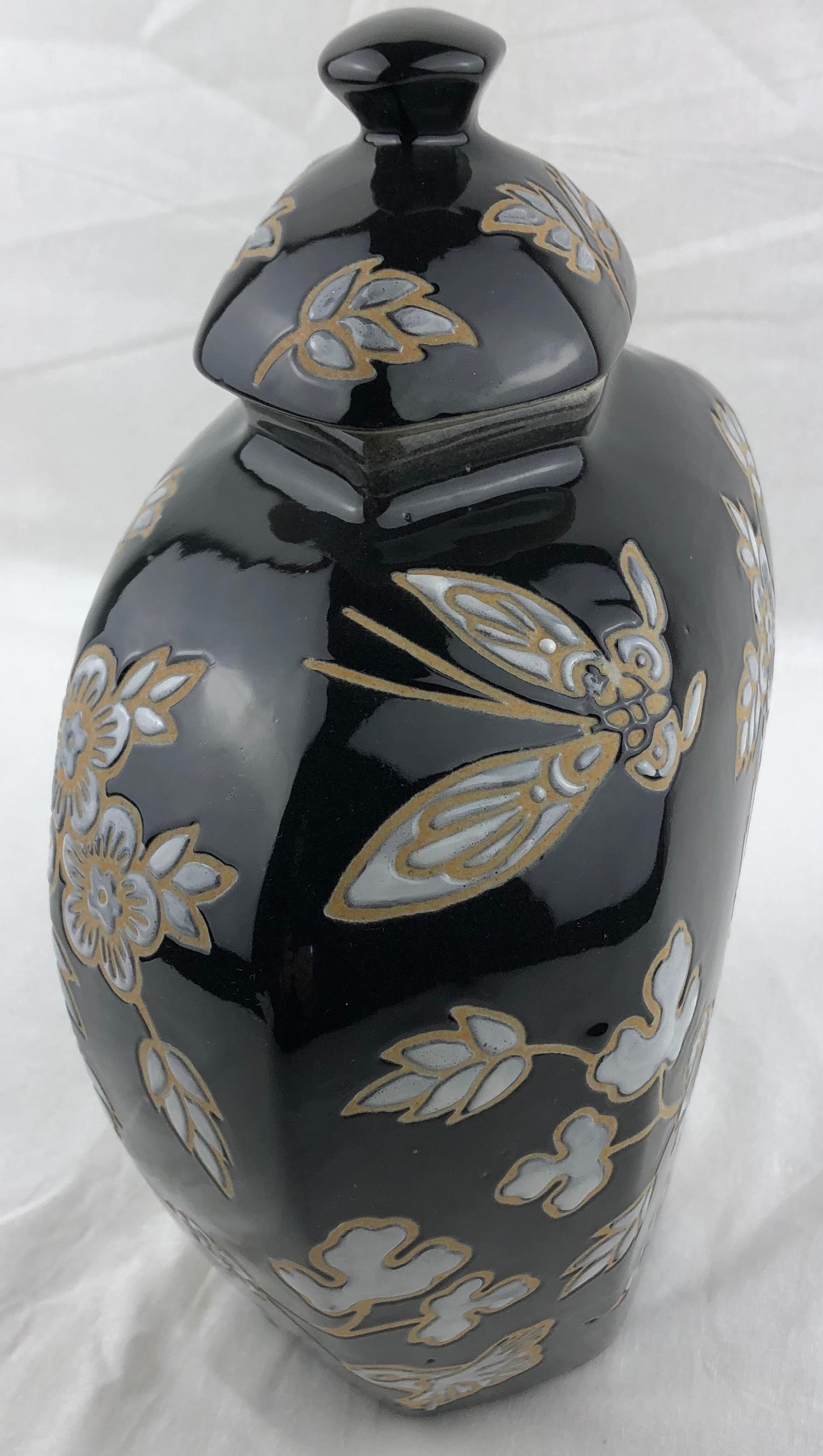 French Black and Antique White Majolica Lidded Jar with Molded Floral Decor — detail 7