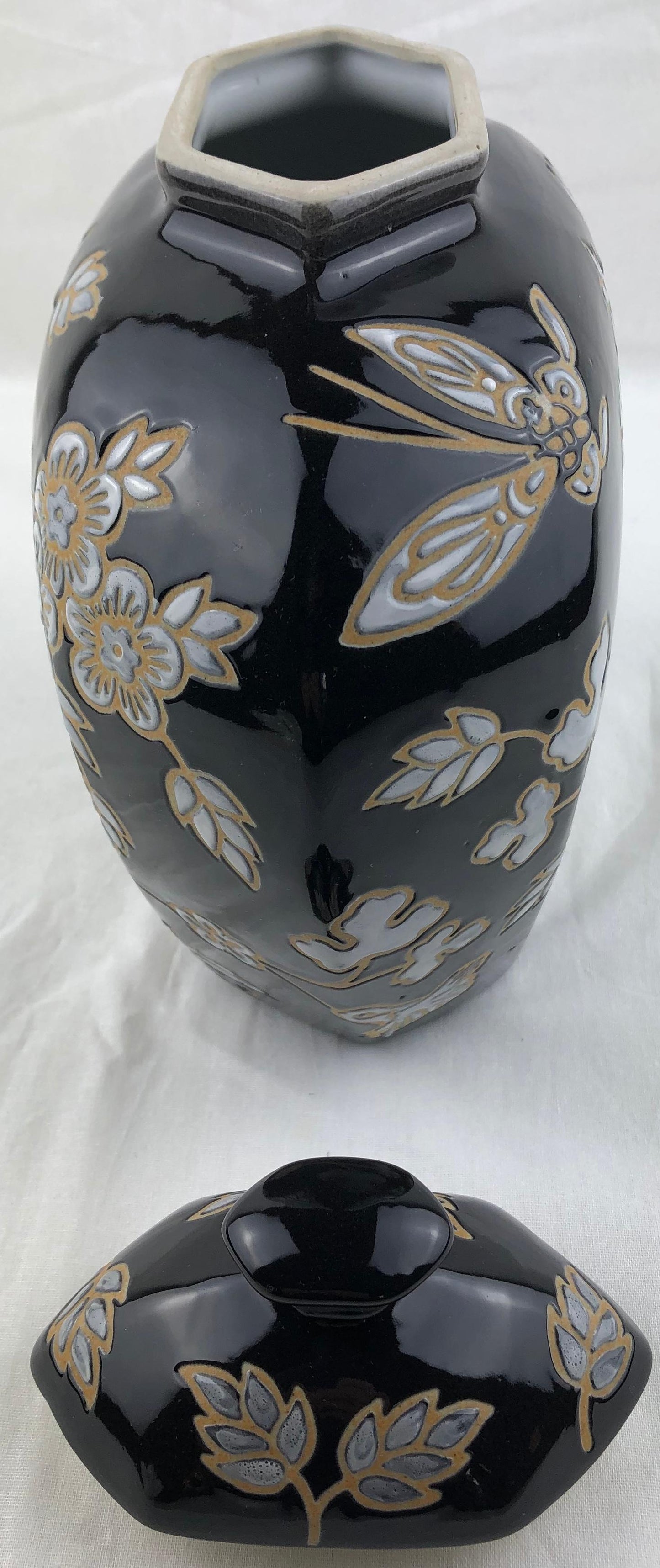 French Black and Antique White Majolica Lidded Jar with Molded Floral Decor — detail 8