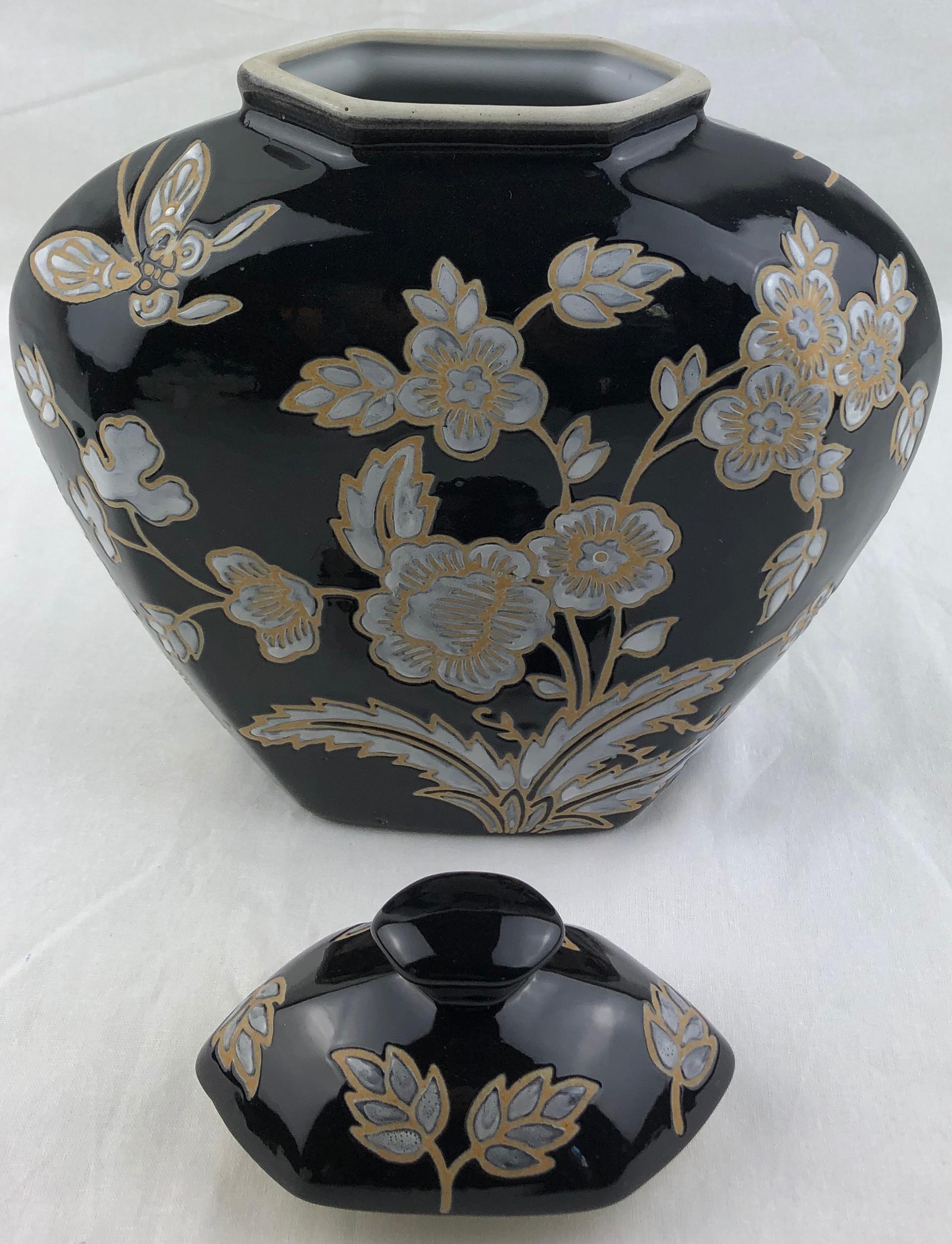 French Black and Antique White Majolica Lidded Jar with Molded Floral Decor — detail 5