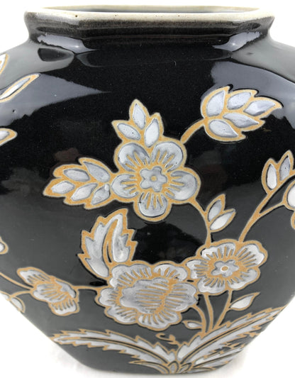 French Black and Antique White Majolica Lidded Jar with Molded Floral Decor — detail 9