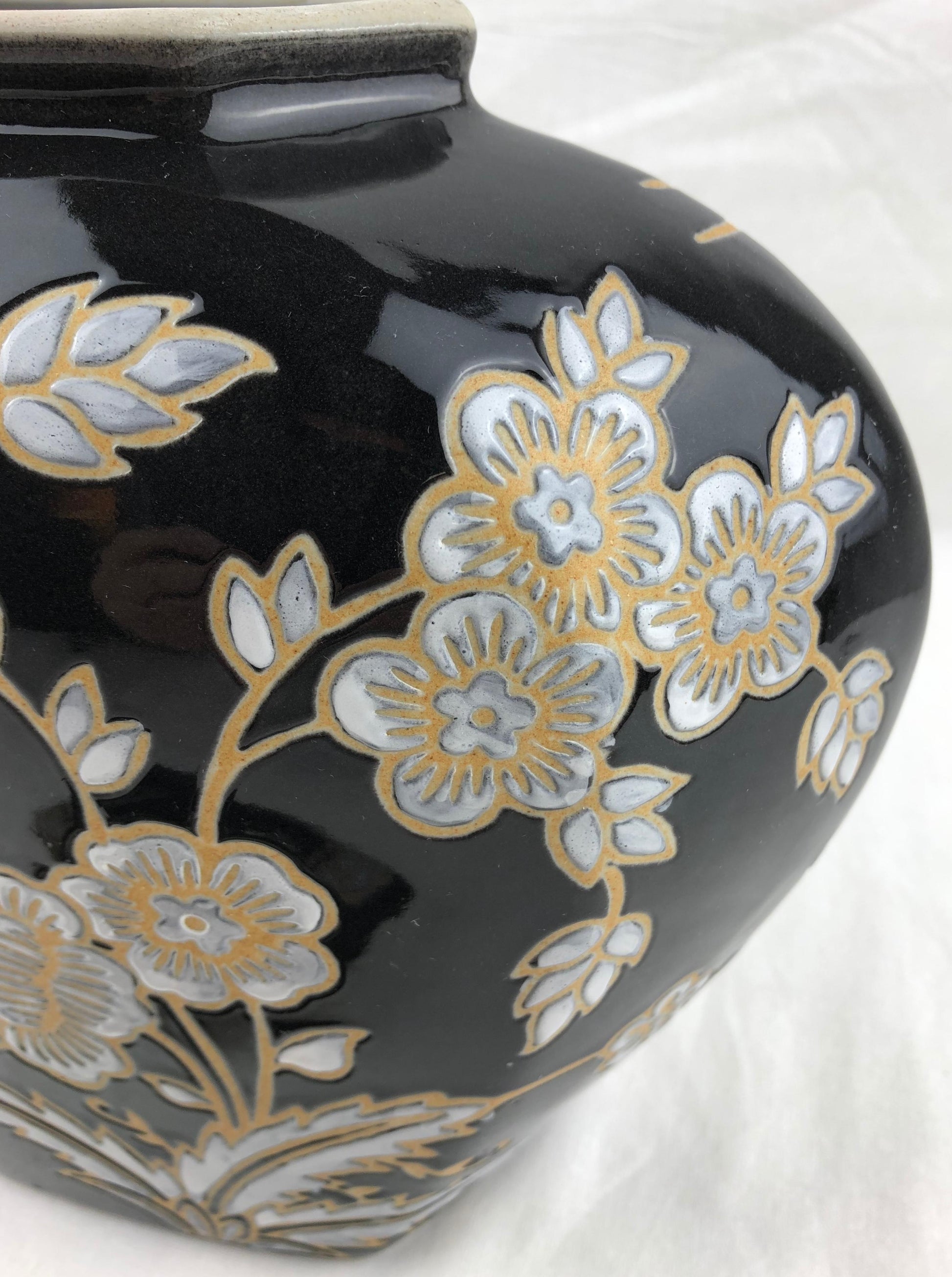 French Black and Antique White Majolica Lidded Jar with Molded Floral Decor — detail 4
