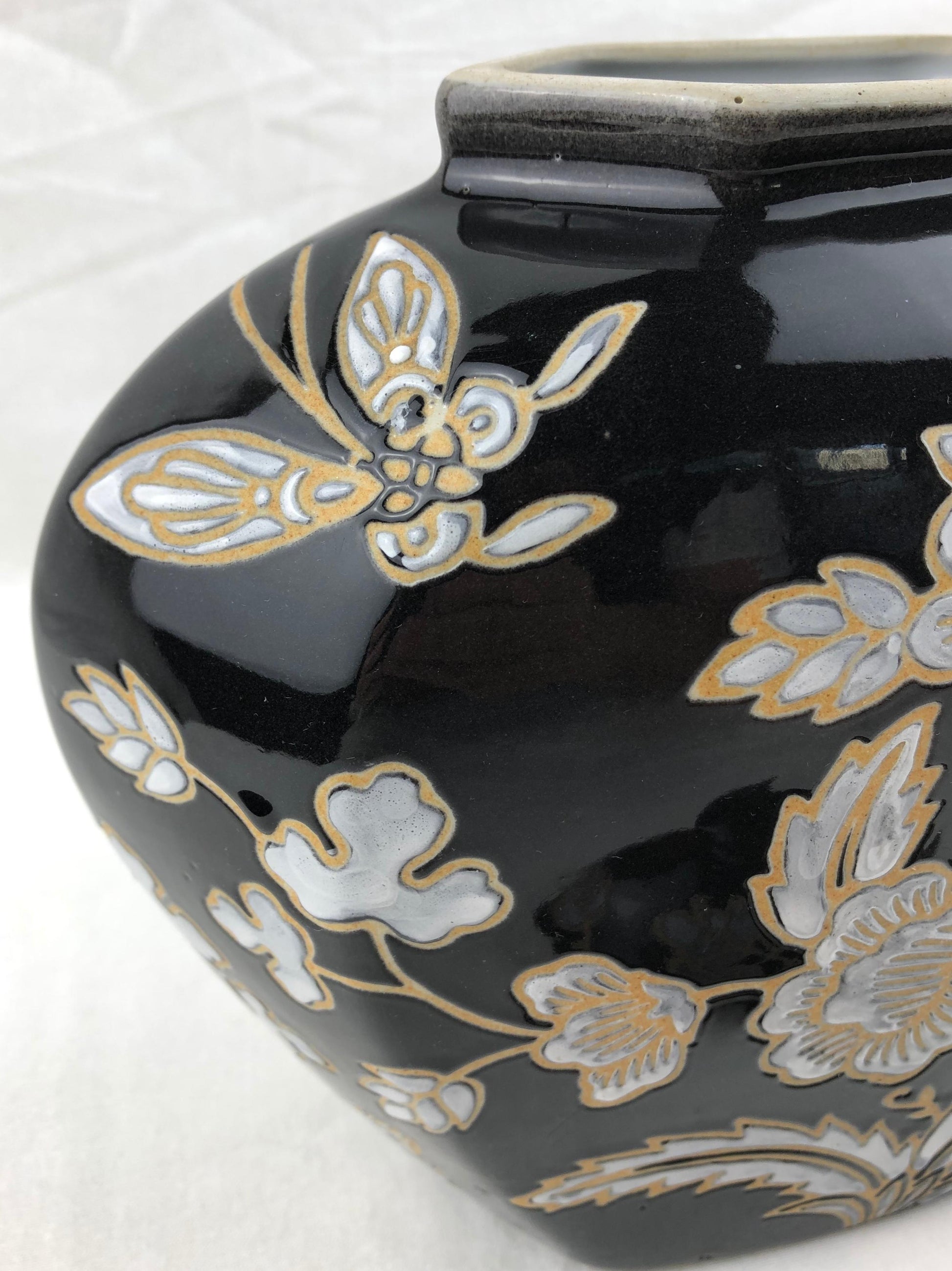 French Black and Antique White Majolica Lidded Jar with Molded Floral Decor — detail 3