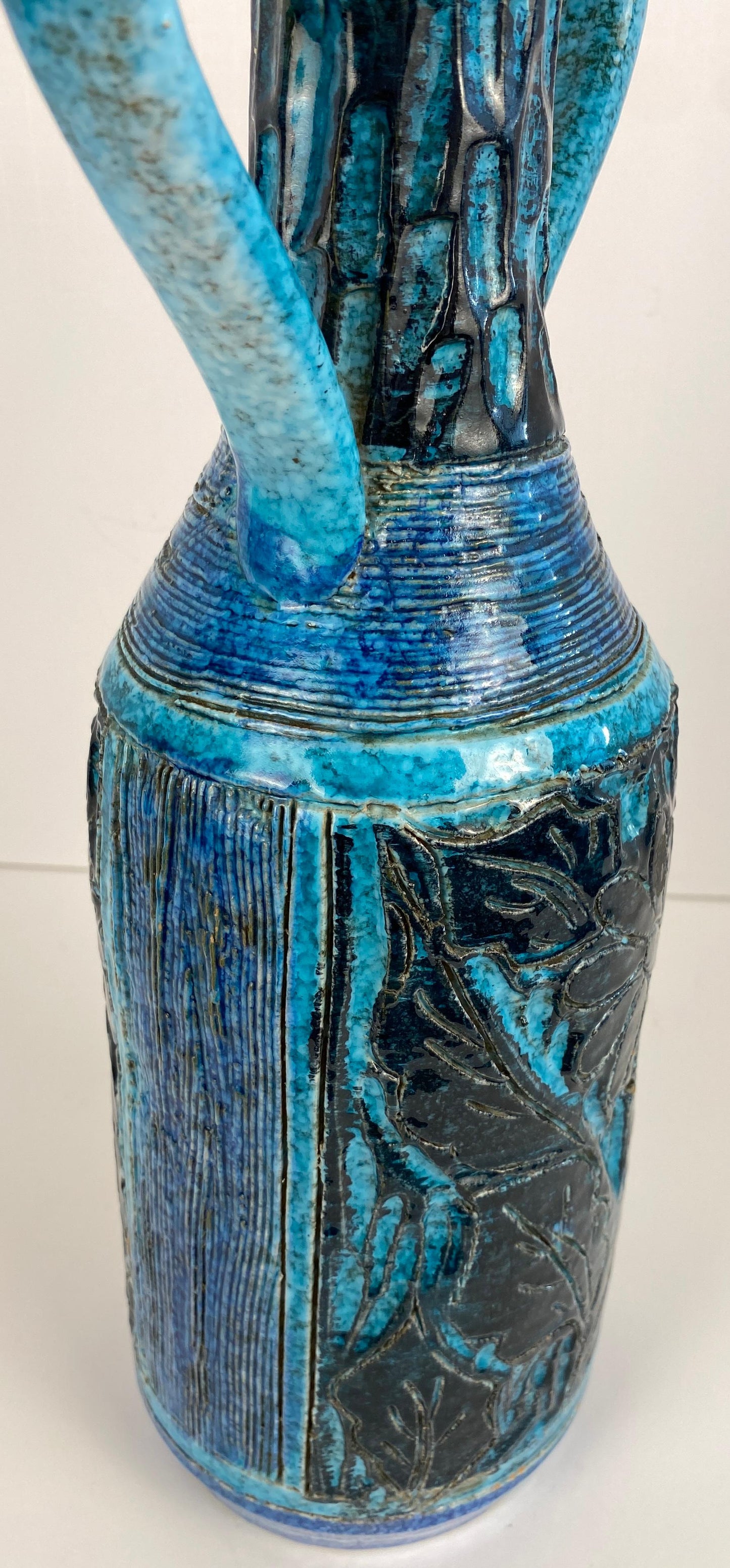 Accolay Style Ceramic Vase with Handles, Large Blue Vase att. to Accolay Pottery — detail 3