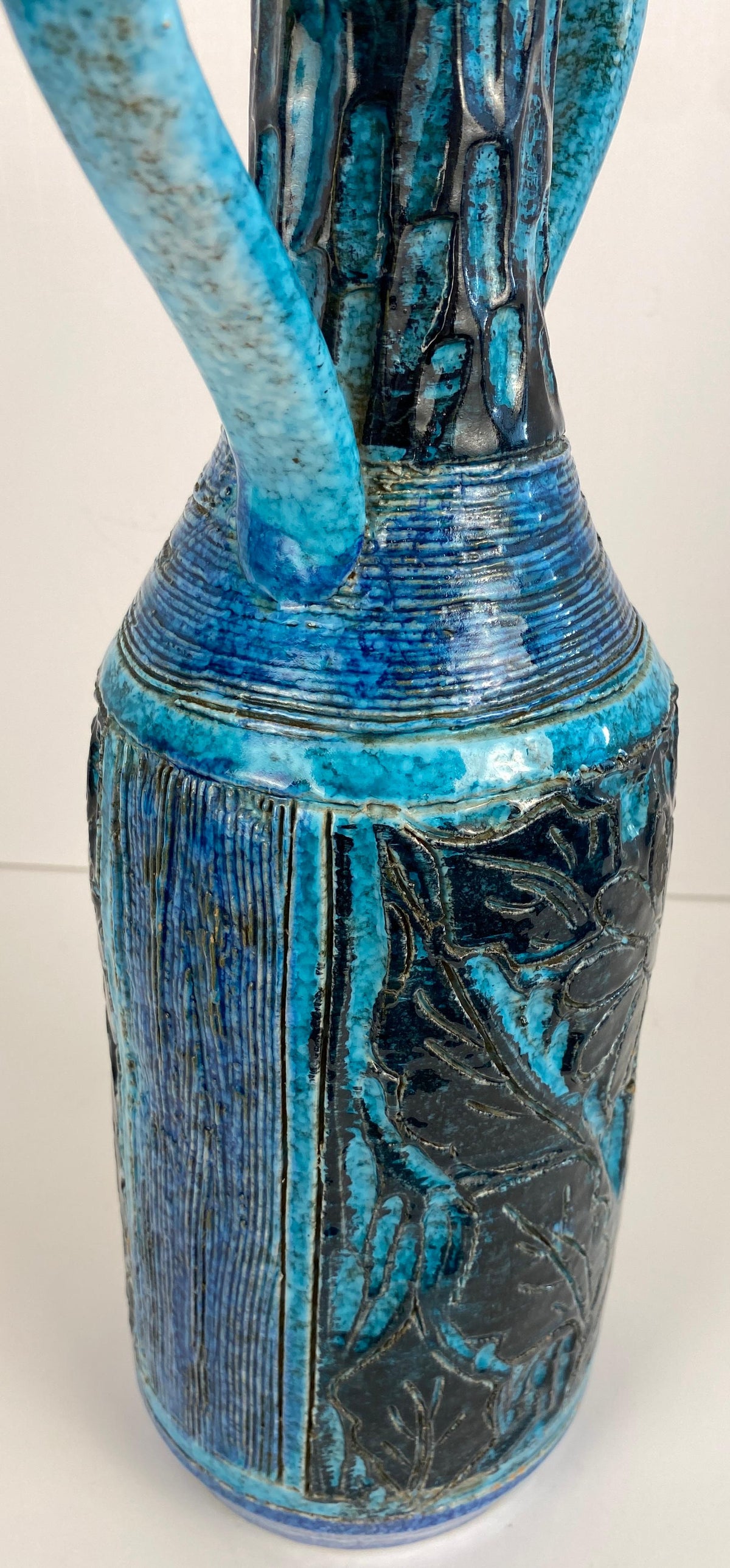 Accolay Style Ceramic Vase with Handles, Large Blue Vase att. to Accolay Pottery — detail 3