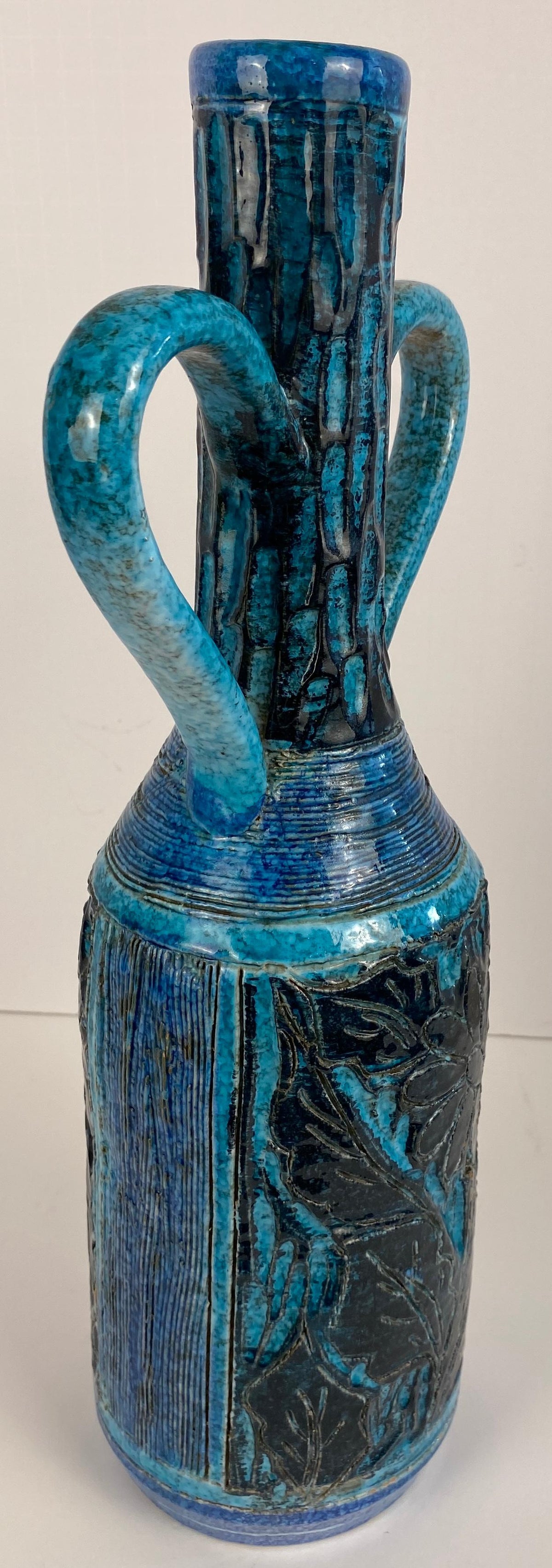 Accolay Style Ceramic Vase with Handles, Large Blue Vase att. to Accolay Pottery — detail 4