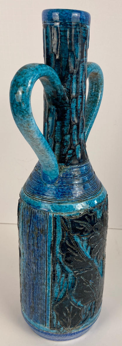 Accolay Style Ceramic Vase with Handles, Large Blue Vase att. to Accolay Pottery — detail 4