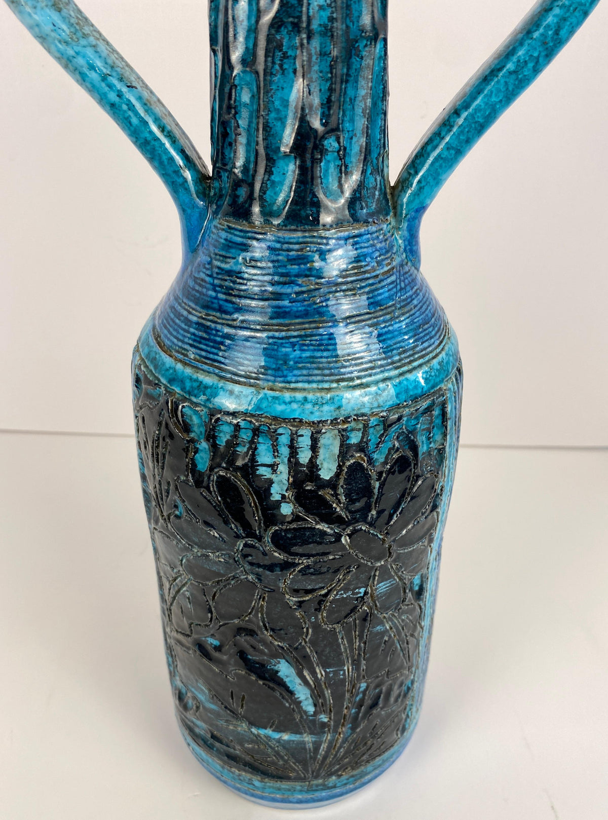 Accolay Style Ceramic Vase with Handles, Large Blue Vase att. to Accolay Pottery — detail 5