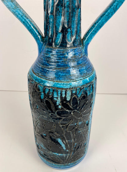 Accolay Style Ceramic Vase with Handles, Large Blue Vase att. to Accolay Pottery — detail 5