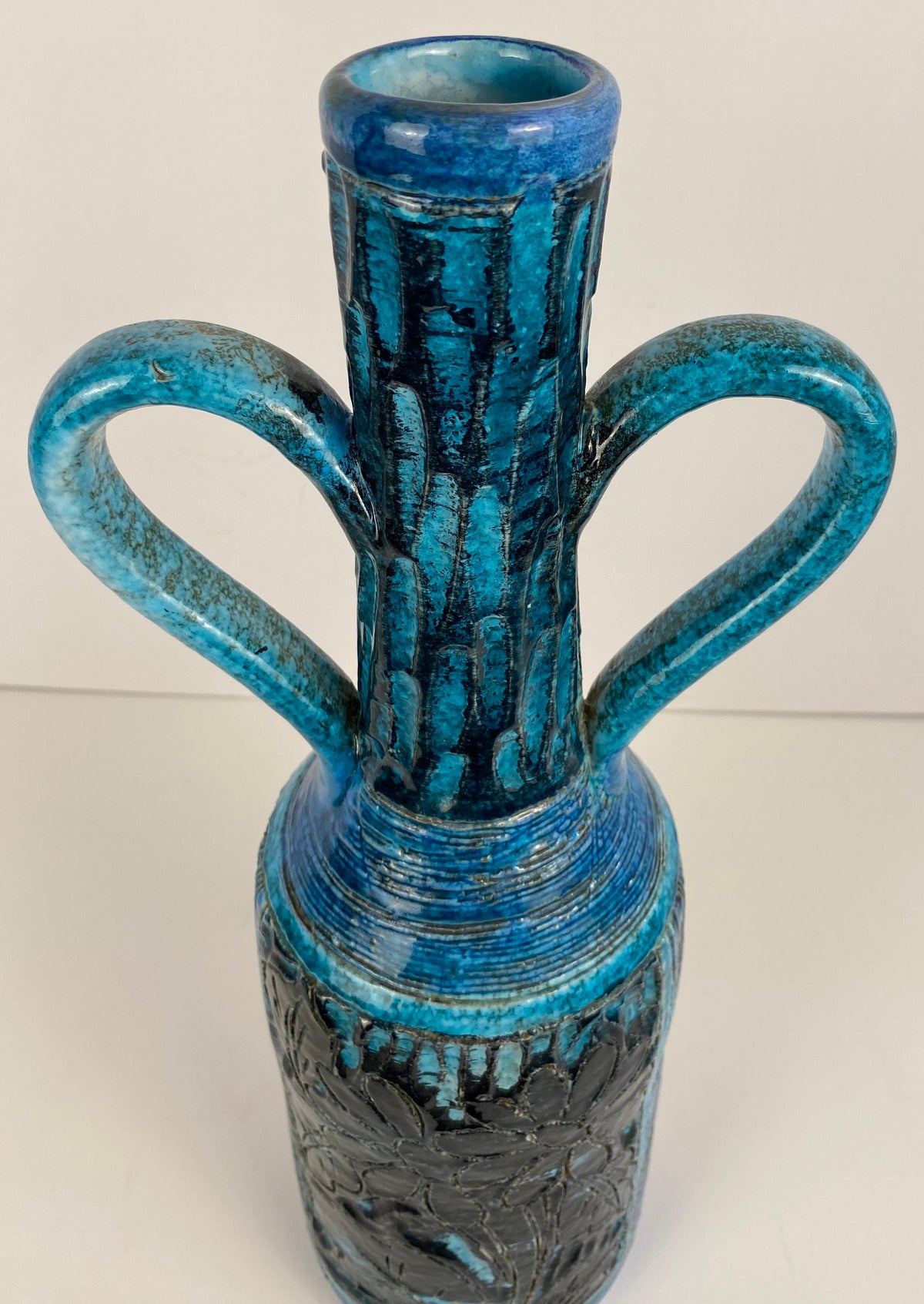 Accolay Style Ceramic Vase with Handles, Large Blue Vase att. to Accolay Pottery — detail 6