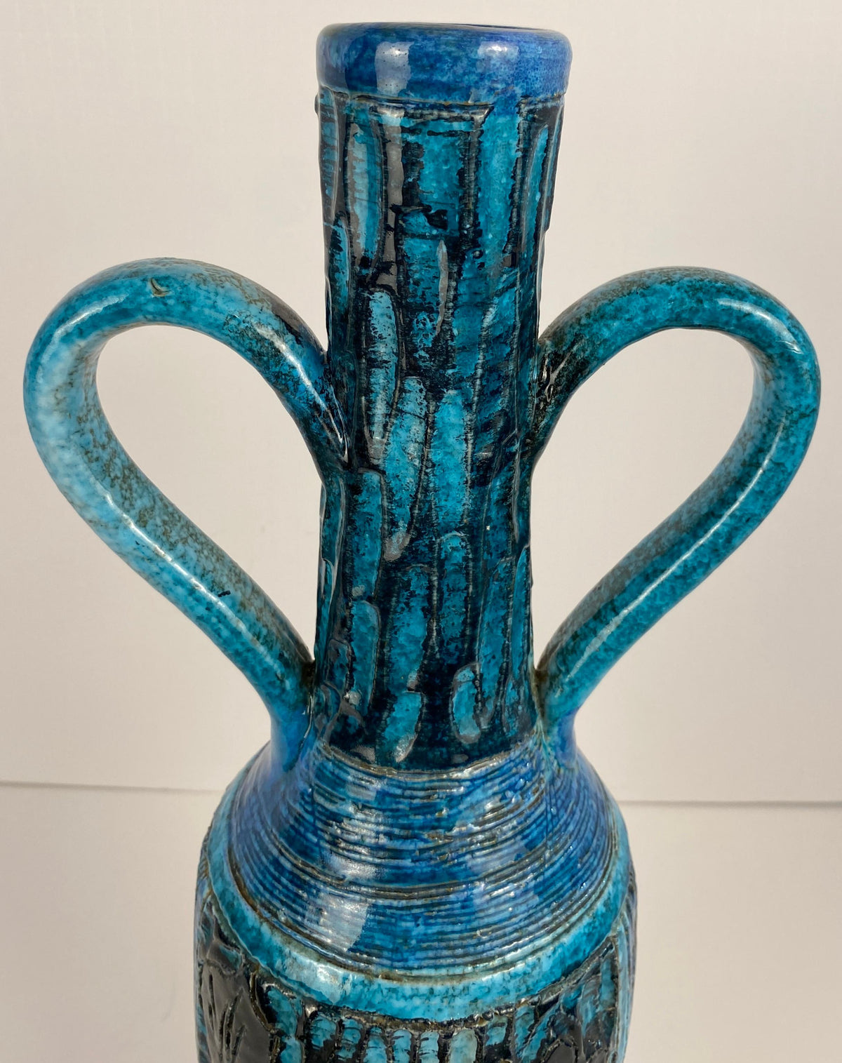 Accolay Style Ceramic Vase with Handles, Large Blue Vase att. to Accolay Pottery — detail 7