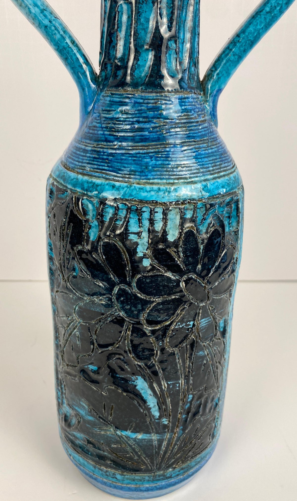 Accolay Style Ceramic Vase with Handles, Large Blue Vase att. to Accolay Pottery — detail 8