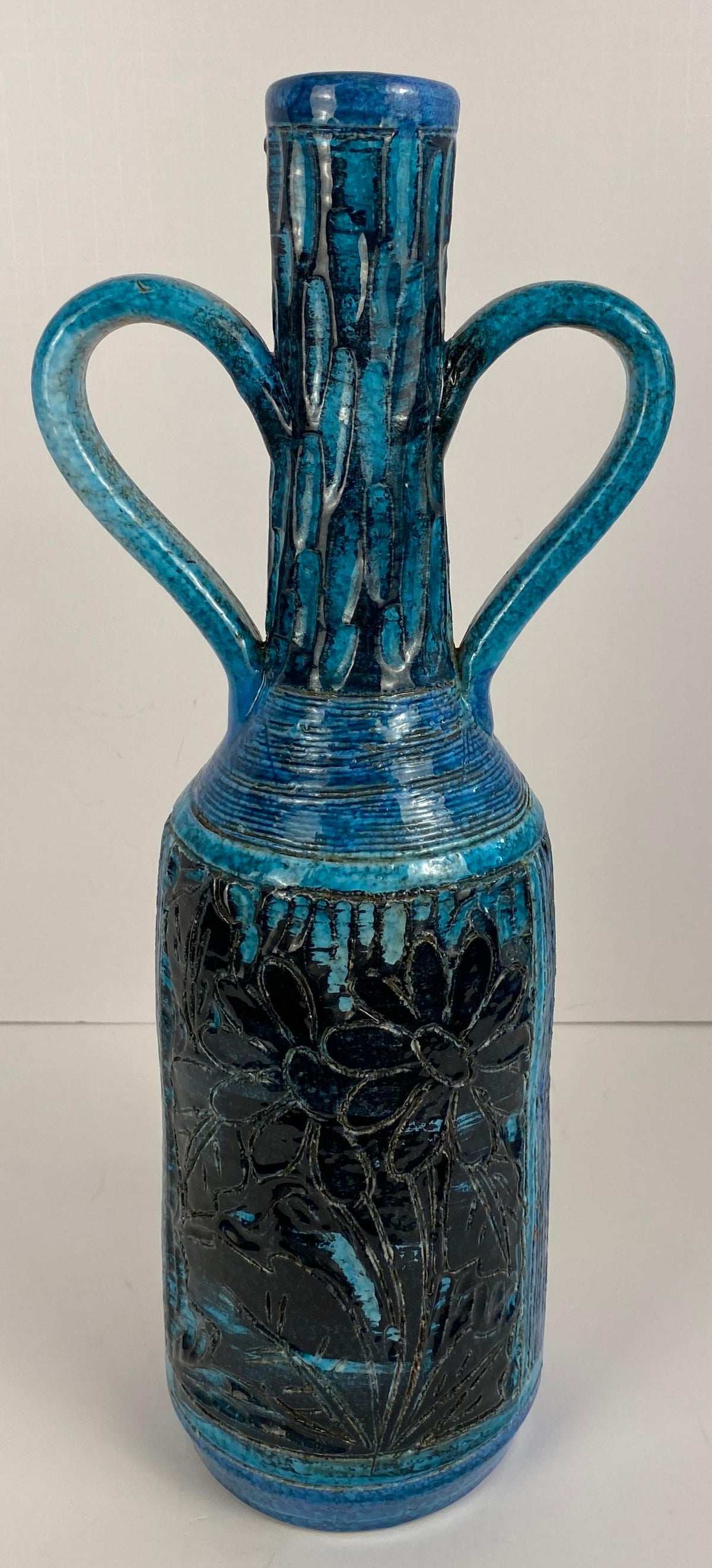 Accolay Style Ceramic Vase with Handles, Large Blue Vase att. to Accolay Pottery — detail 9