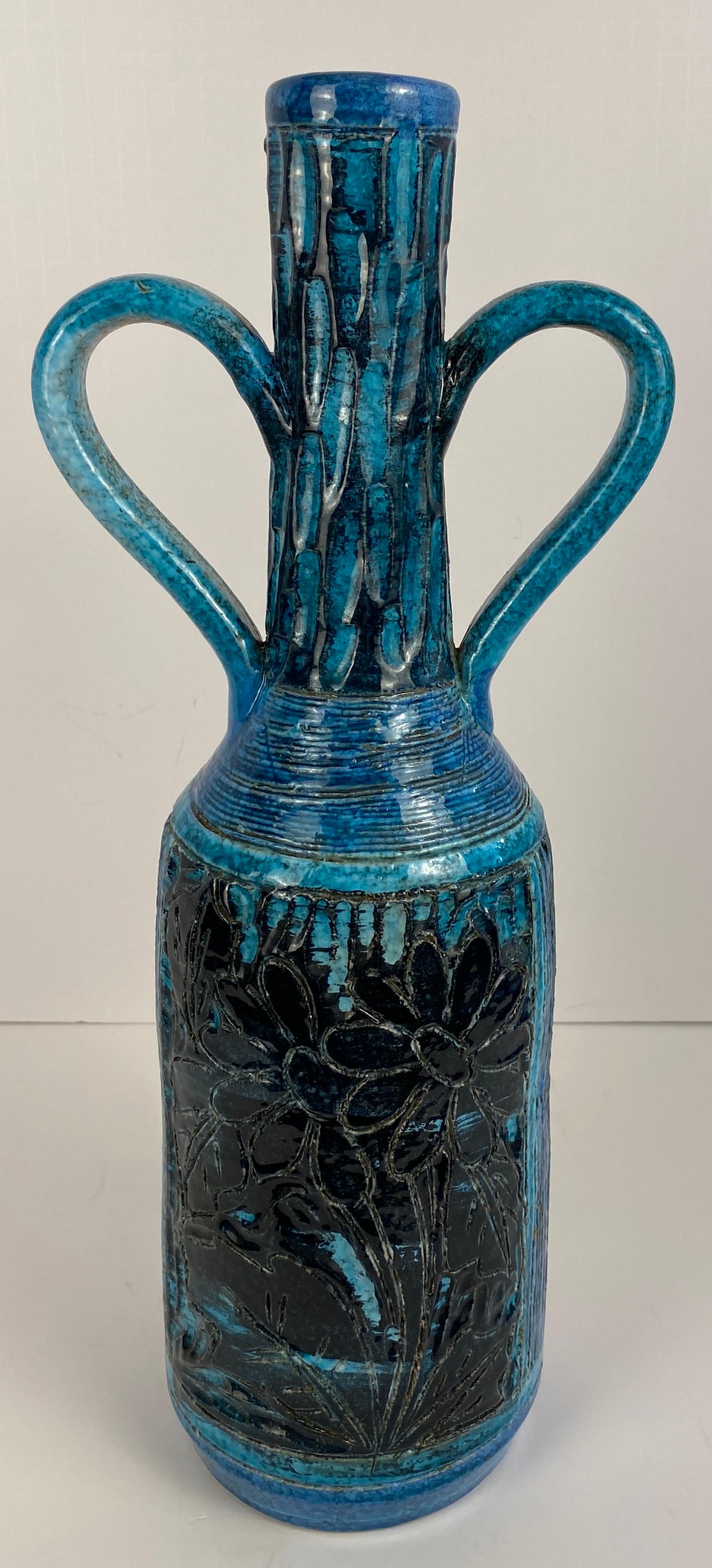 Accolay Style Ceramic Vase with Handles, Large Blue Vase att. to Accolay Pottery — detail 9
